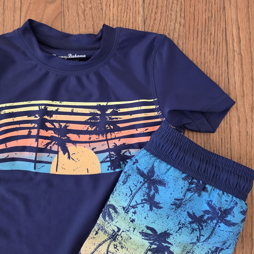 NWT! Tommy Bahama Boys Navy Palm-Print Rashguard Swim Set Boys Size 4T